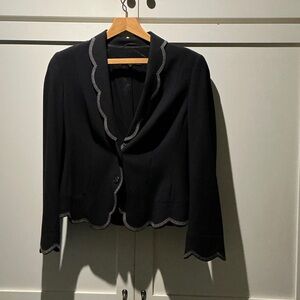 Escada Navy Blue Scalloped-Trim Single-Button Blazer with Contrast Stitching